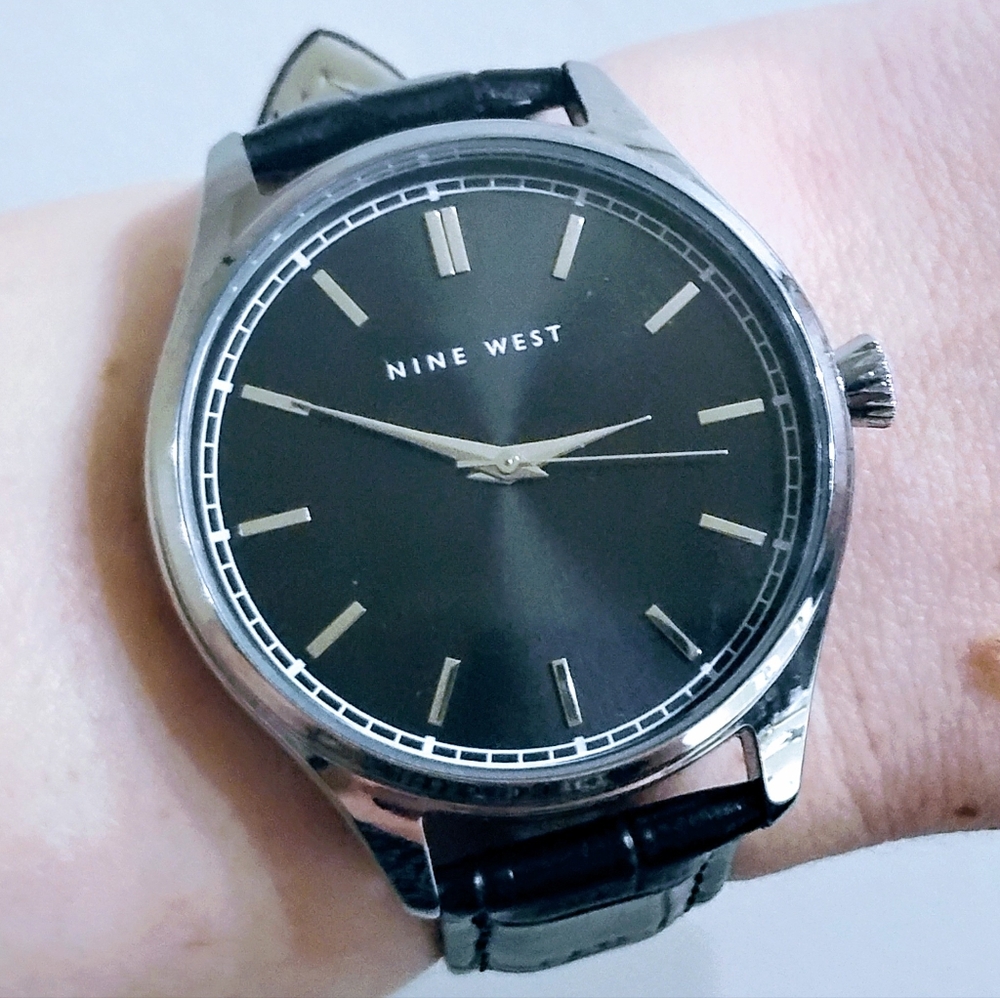 Nine West Black and Silver Watch with Leather Strap